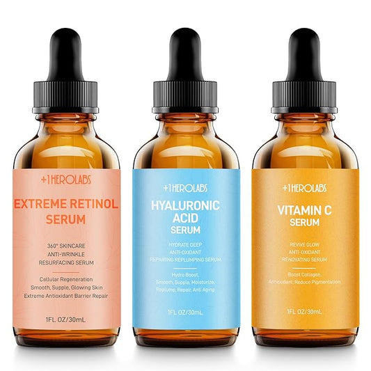 Facial Skin Care Set– Retinol Serum, Vitamin C & Hyaluronic Acid for Face – Anti Aging Face Serum Set for Women – Firm, Wrinkle Smoothing, Dark Spot Corrector, Brighten Dullness-GlimoraGlow