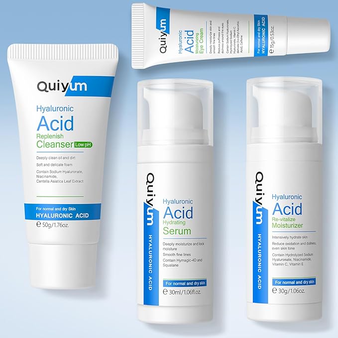 Hyaluronic Acid Skin Care Set, Hydration Kit for Women Teen Girls, Low pH Cleanser, Moisturizer, Serum, Eye Cream, Anti Aging, Firming, Travel Size Facial Care Gift Set for Dry Sensitive Skin-GlimoraGlow