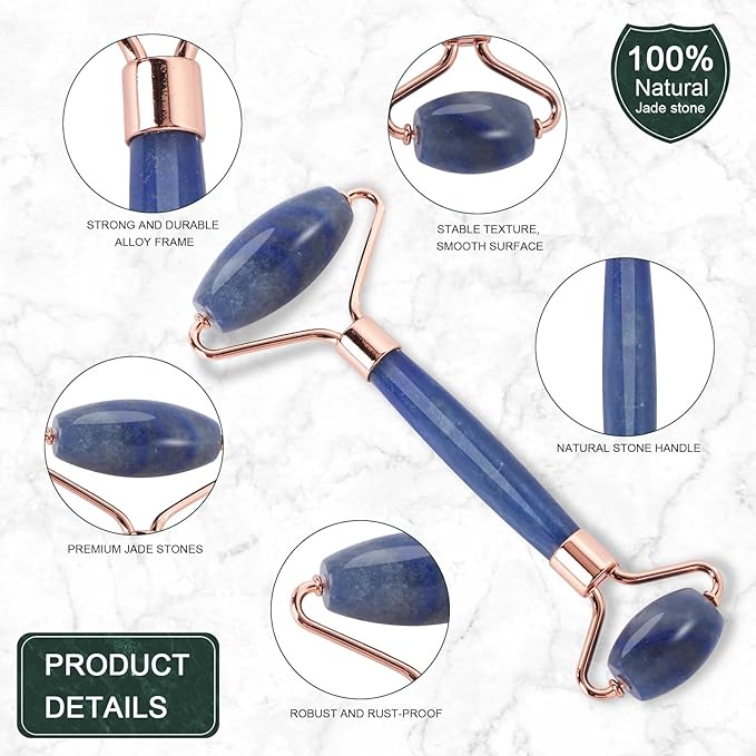 Jade Roller for Face, Facial Roller Massager Skin Care Tool, Gua Sha Facial Tools for Face, Neck, Eyes, Reduce Puffiness of The Skin(Blue)-GlimoraGlow