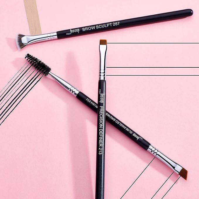 Jessup Eyebrow Makeup Brush Set Professional, Precision Define Sculpt, Flat Angled Spoolie Brushes, Cruelty-Free Synthetic Bristles 3PCS, T326-GlimoraGlow