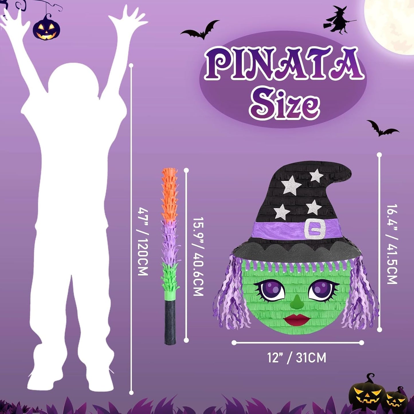 WERNNSAI Halloween Witch Pinata - Green Witch Pinata Halloween Party Games for Kids Costume Party Decor Favor School Scary Game Wizarding World Party Supply with Bat & Blindfold
