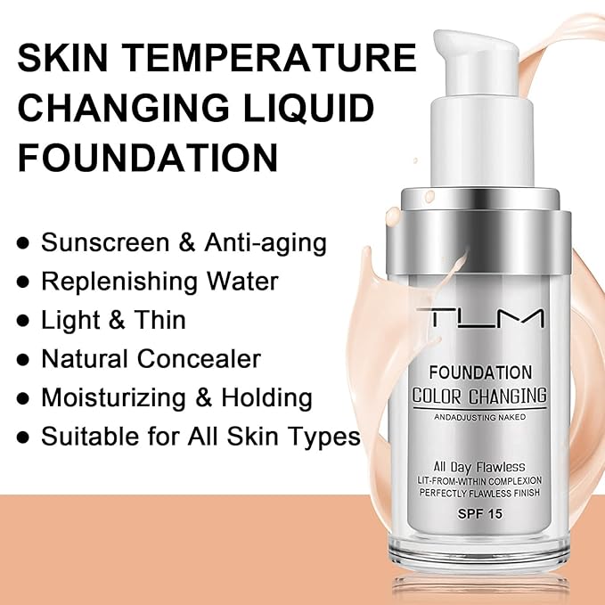 2 PACK TLM Color Changing Foundation Liquid Base,TLM Concealer Cover Cream,All Day Flawless Warm Skin Tone BB Cream Makeup Base Concealer for All Skin SPF15-GlimoraGlow