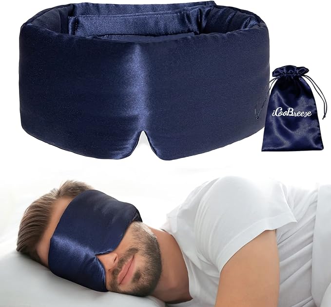 100% Natural Silk Eye Mask for Women Men, Soft Pressureless Cooling Blackout Eye Covers for Sleeping, Large Size Sleep Mask fits All Heads Adjustable, 1PC, Navy Blue-GlimoraGlow
