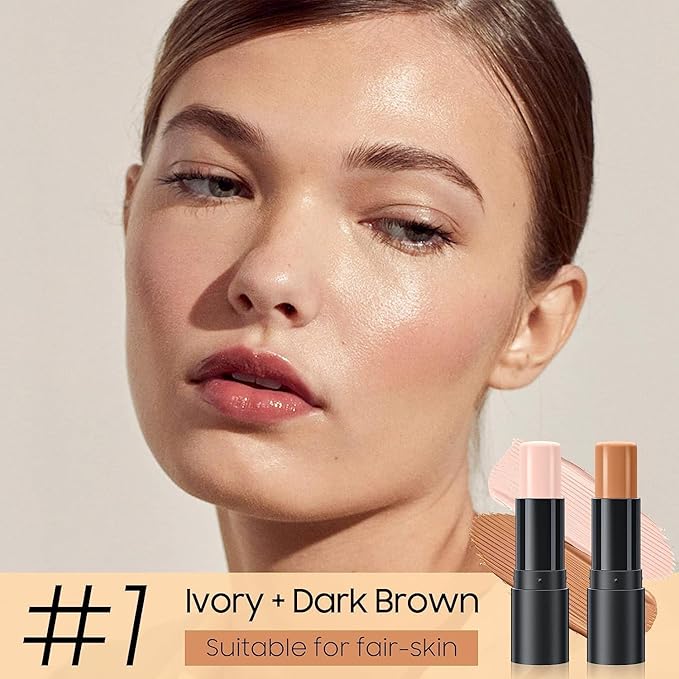 2023 Upgrade Contour Stick, 2 Colors Double-end Contour Highlighter Stick Contour Stick Face Highlighter Contour Makeup Contouring Sticks Cream Concealer (Ivory, Dark Brown)-GlimoraGlow