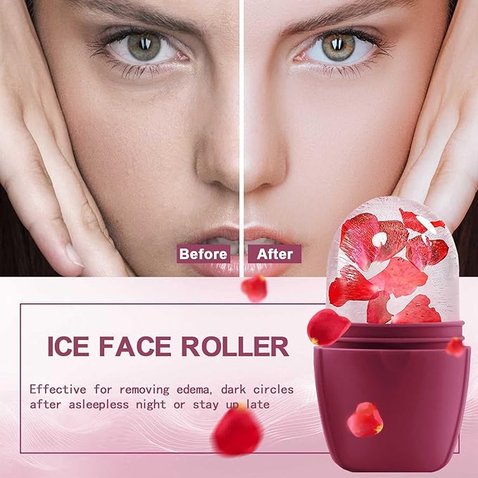 XHJRI Ice Face Roller Massager,Ice Cube Roller for Face, Eyes and Neck Naturally Conditioning and Skin Care,De-Puff Eye Bags,Reduce Migraine Pain,Reusable Massage Silicone Ice Mold (Upgrade Rose)-GlimoraGlow
