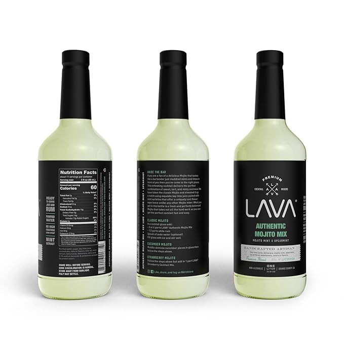 (3 Pack) LAVA Premium Authentic Mojito Mix, Made with Real Lime Juice, Mojito Mint, Spearmint, Demerara, Cane Sugar, Refreshing Rum Mojito Mixer. Ready to Use. 1-Liter (33.8oz) Glass Bottle-GlimoraGlow