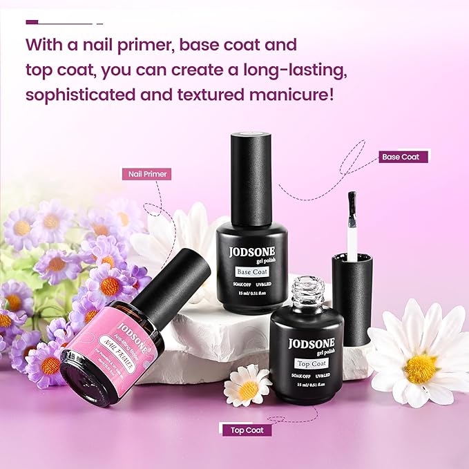 JODSONE 3 PCS Nail Primer Base Coat Top Coat with a capacity of 15ml Quick Curing Long Lasting-GlimoraGlow