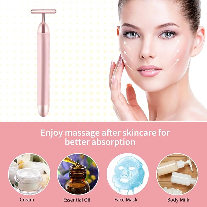 2 Pack T Shape Face Massager Beauty Bar Golden & Pink Facial Massager, Portable Electric Vibration Face Neck Body Massager for Firming Lifting Anti Aging Skin Tightening Wrinkle Reducing-GlimoraGlow