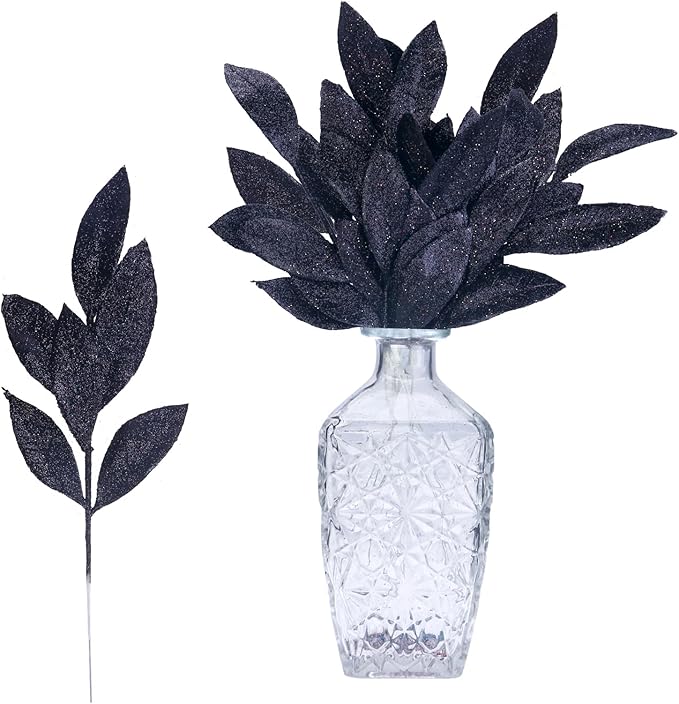 GREENTIME 12 Pack Artificial Black Glitter Leaves 13" Fake Decorative Glitter Sticks for Vase Christmas Tree DIY Wreath Crafts Fireplace Halloween Decor