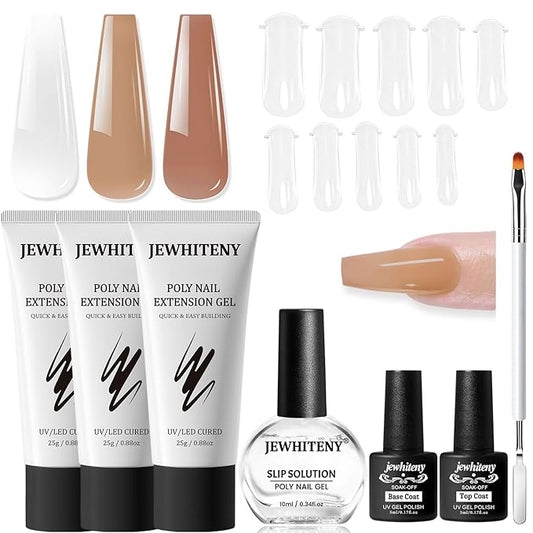JEWHITENY Poly Nail Gel Set Clear Nude Brown Neutral Classic Color Base and Top Coat Slip Solution Poly Extension Gel With Acrylic Nail Builder Need U V Lamp Curing-GlimoraGlow