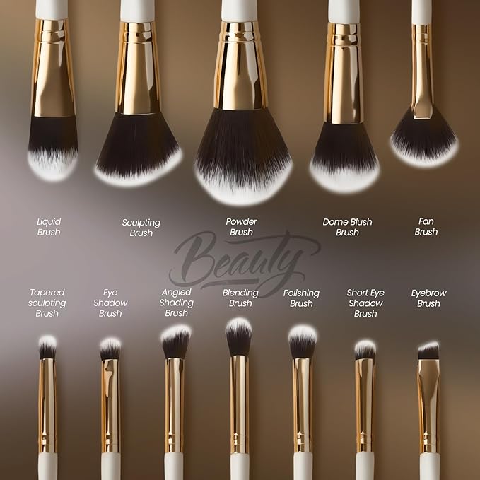 Makeup Brushes Set 12 Piece Professional & Beginner Friendly, Soft Synthetic Bristles for Face Eyeshadow Blending, Easy to Clean Travel Ready with Case, Ergonomic Wooden Handle Hypoallergenic (White)-GlimoraGlow