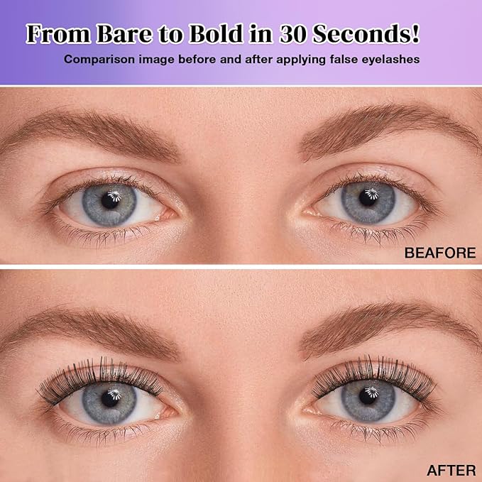 Wispy False Eyelashes Kit With Bond, Seal and Tweezer, 7 Pairs Natural Look Fake Cat Eye Lashes Strips Thin Band Extensions Waterproof Easy Eyelashes for Beginners DF1-GlimoraGlow