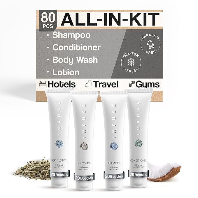 Infuse White Tea & Coconut Hotel Toiletries Bulk Set | 1-Shoppe Amenities Kit | 1oz Shampoo & Conditioner, Body Wash, Lotion | Travel Size | 80 Pieces-GlimoraGlow