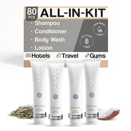 Infuse White Tea & Coconut Hotel Toiletries Bulk Set | 1-Shoppe Amenities Kit | 1oz Shampoo & Conditioner, Body Wash, Lotion | Travel Size | 80 Pieces-GlimoraGlow