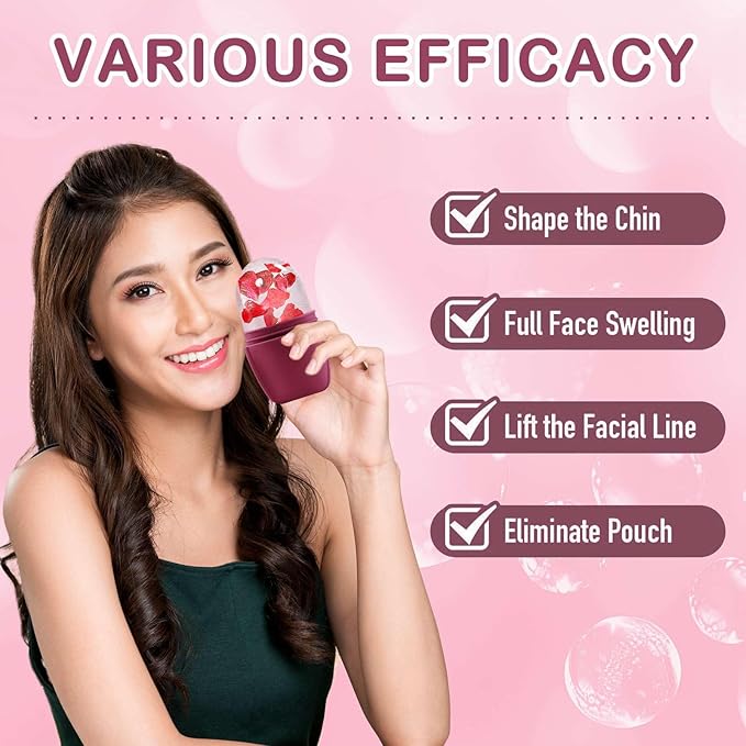 XHJRI Ice Face Roller Massager,Ice Cube Roller for Face, Eyes and Neck Naturally Conditioning and Skin Care,De-Puff Eye Bags,Reduce Migraine Pain,Reusable Massage Silicone Ice Mold (Upgrade Rose)-GlimoraGlow