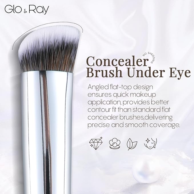 GLO&RAY Concealer Brush Under Eye - Makeup Brush Angled Flat Teardrop, Nose Contour for Powder Pro Concealing Blending for Liquid & Cream Cosmetic, Foundation Brushes Small With Dust Cover (White)-GlimoraGlow