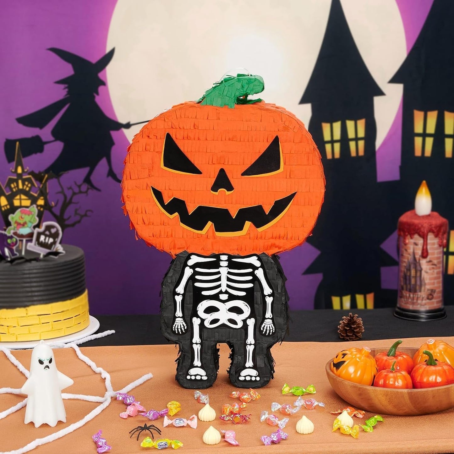 WERNNSAI Halloween Skull Pumpkin Piñata - Pumpkin Skull Pinata Halloween Scary Party Candy Game Supplies for Kids Trick Treat Party Jack o Lanterns Decorations Favor with Blindfold & Bat