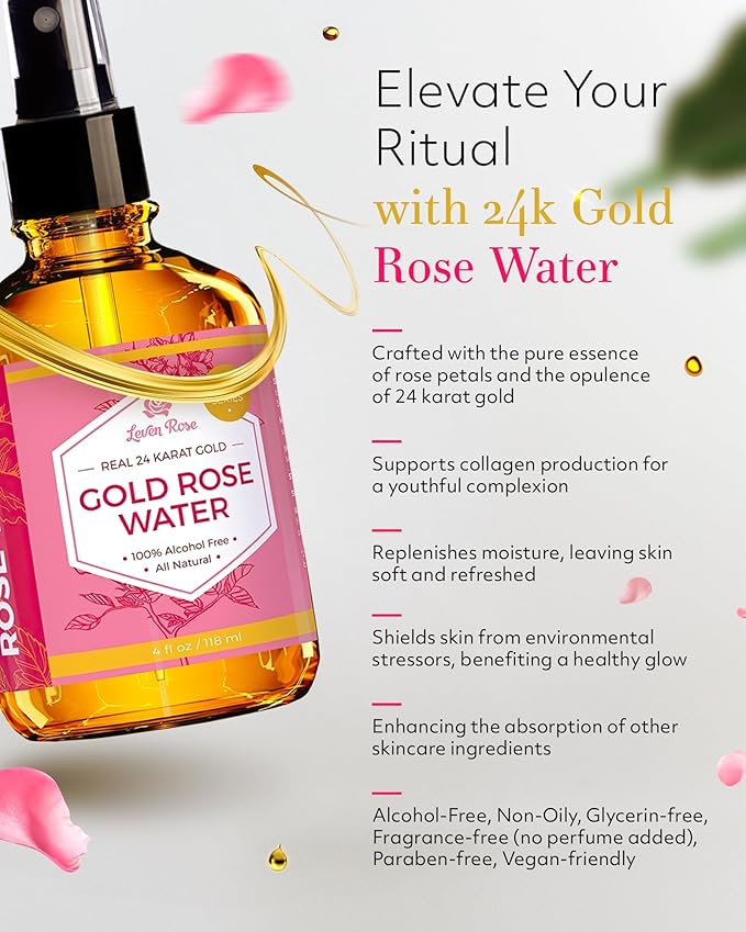 24 Karat Gold Rose Water Toner by Leven Rose Natural Moroccan 24K Rosewater Toner 4 oz-GlimoraGlow