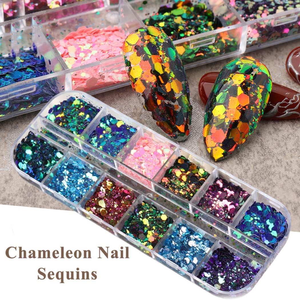 2 Boxes 24 Colors Chameleon Holographic Glitter Mermaid Nail Art Sequins 3D Flakes Laser Gradient Nail Glitter Design Shiny Glitters Powder Accessories for Women Manicure DIY Decorations-GlimoraGlow