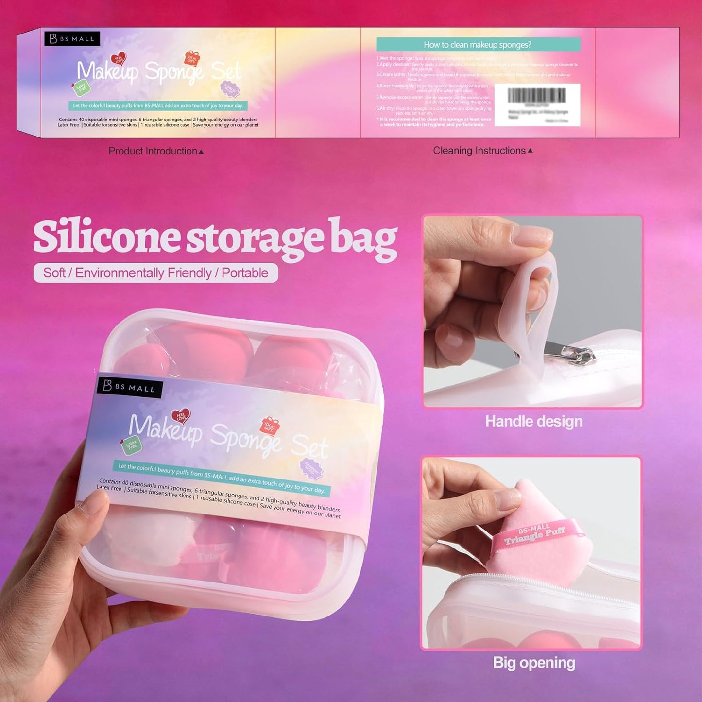BS-MALL Professional Makeup Sponges Triangle Puff 49 Pcs- Pro V3.0 Cloud Technology Makeup Sponge Material Flawlessflow Mini Sponge Set & Triangle Puff With Waterproof Travel Silicone Bag Gift Set-GlimoraGlow