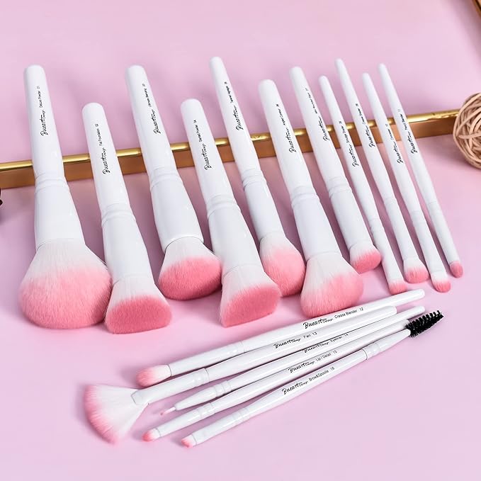 Bueart Design 16Pcs ULTRA SOFT labeled Makeup Brushes set with brush Holder face brush for Foundation Powder Blending Blush wooden Handle(16Pcs White+Pink Holder)-GlimoraGlow