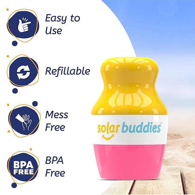 Solar Buddies Sunscreen Applicator - Single Pink - Refillable Roll on Sponge Sunscreen, Suncream & Lotion Applicator For Kids, Adults & Families - Holds 3.4fl oz, Perfect Size for Travel-GlimoraGlow