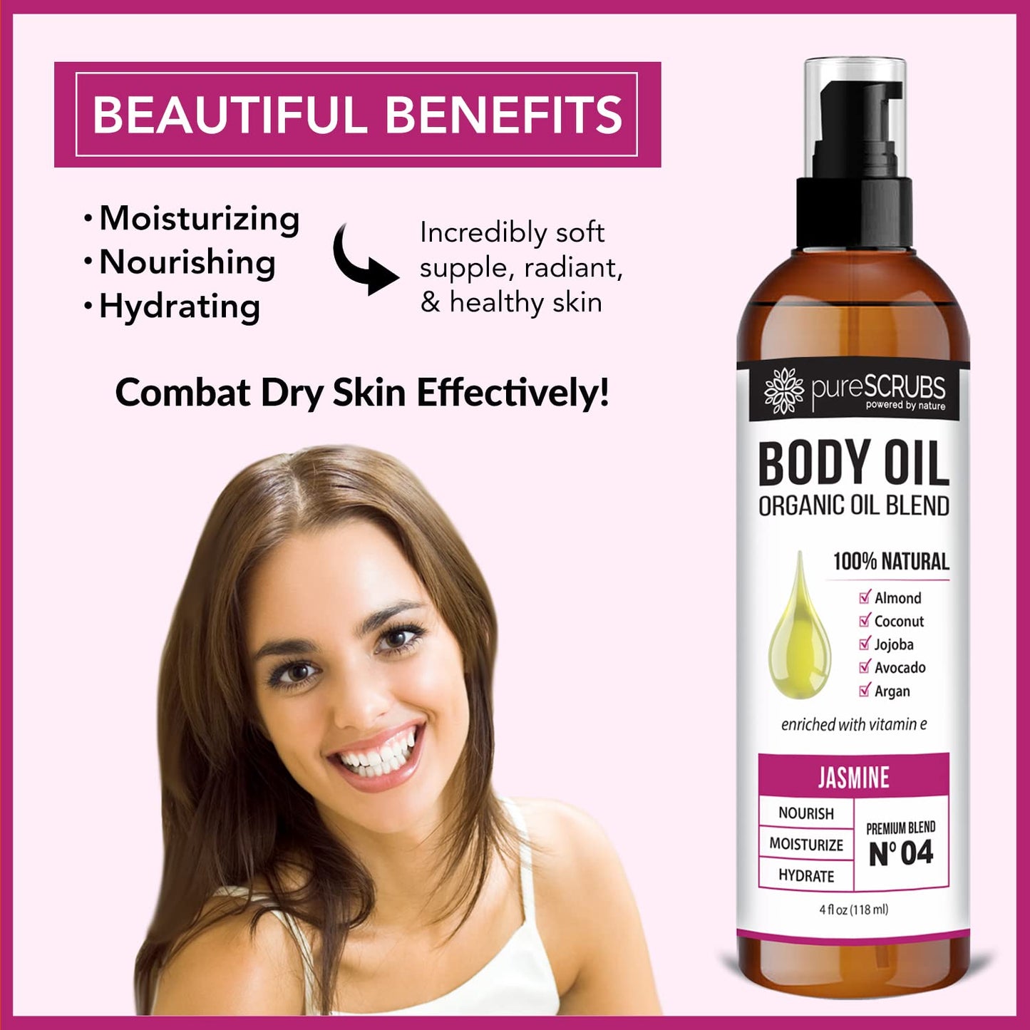 pureSCRUBS Ultra Moisturizing Jasmine Body Oil Spray for Dry Skin, Massage, Cuticles & More - Organic Super Blend of Jojoba, Argan, Coconut, Sweet Almond & Avocado Enriched with Vitamin E, Lg 4oz-GlimoraGlow