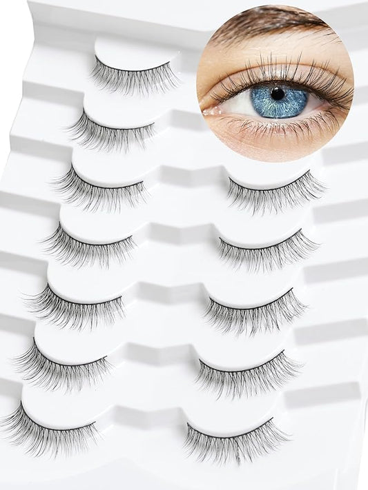Natural Wispy Cat Eye Lashes - 3D Volume C Curl Eyelashes With Thin Band - 10mm Short Lashes - 7 Pairs-GlimoraGlow