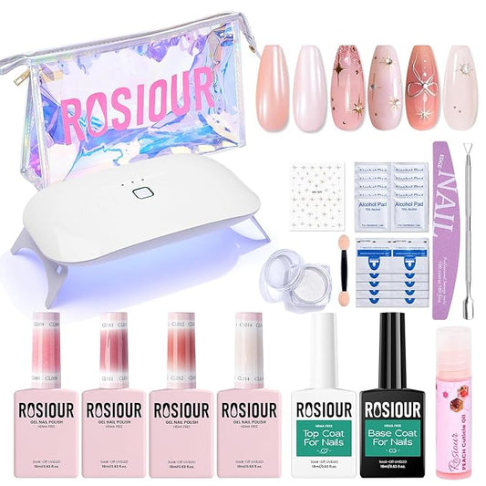 Jelly Gel Nail Polish Kit with U V Light, Hema-Free Milky Nude Sheer White Pink Gliter Gel Polish Set with Base & Top Coat Chrome Nail Powder, 4 Colors Mini Salon Nail Art Starter Gift for Women Girl-GlimoraGlow