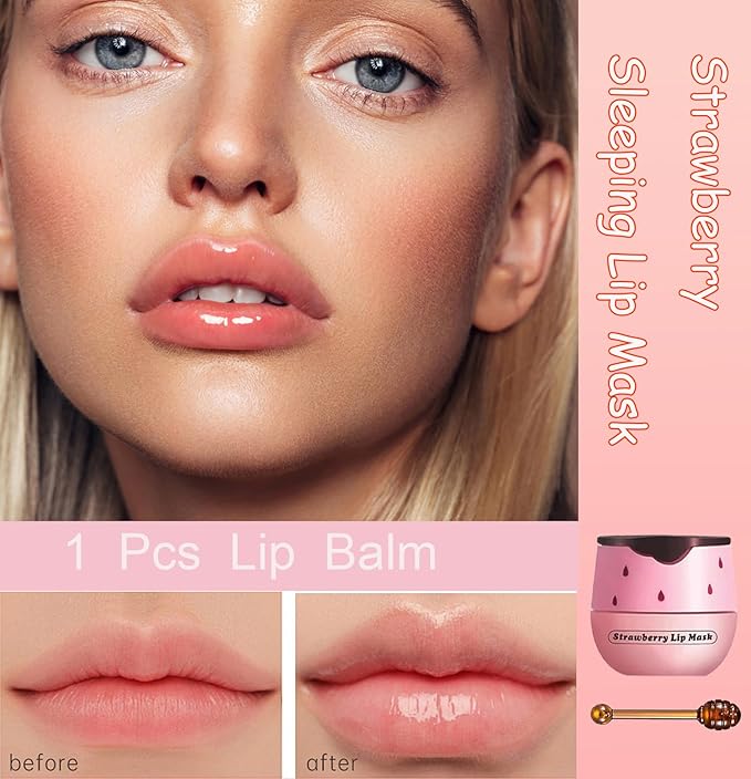 1 PCS Bee Lip Balm Honey Pot, Exfoliating Strawberry Bee Lip Balm Sleeping Lip Mask Overnight with Sticks, Honey Pot Lip Balm Prevention Dry Hydrating and Crack Lip Scrubs-GlimoraGlow