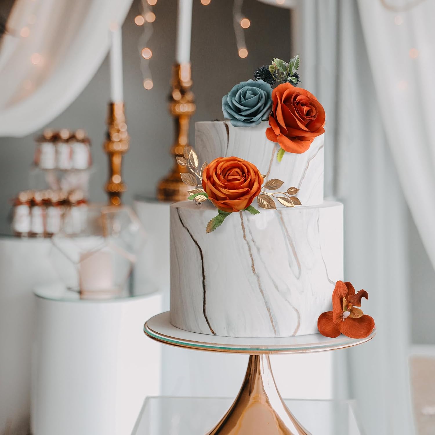 Artificial Flowers Combo for DIY Wedding Bouquets Combo Centerpieces Arrangements Party Bridal Baby Shower Home Decorations-Teal&Terracotta