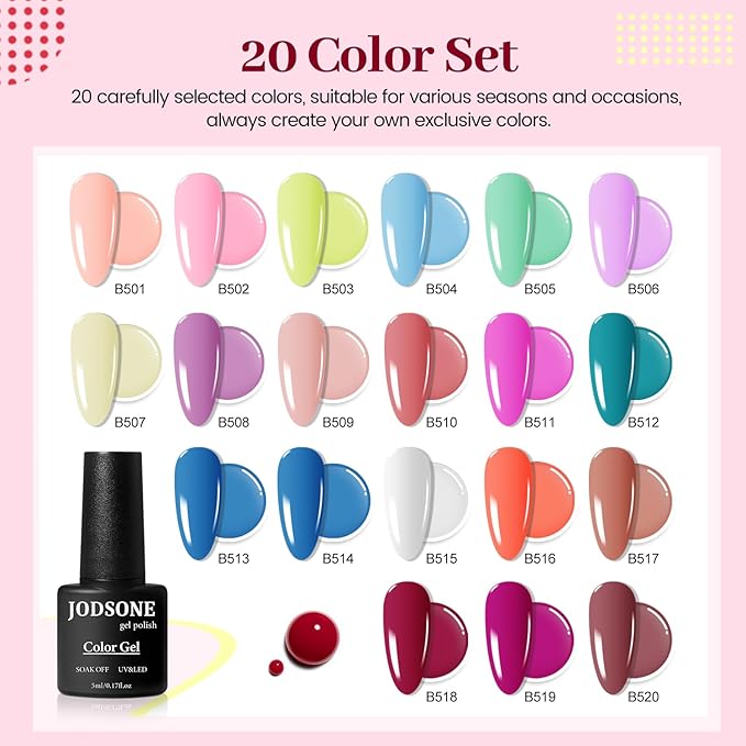 JODSONE 23 PCS Gel Polish Kit Colorful Fashion Classic Nail Gel Set 3 Bottles of Base Coat Matte and Glossy Top Coat-GlimoraGlow