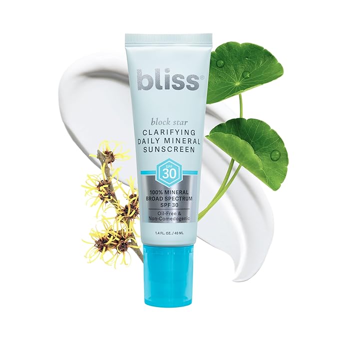 Bliss Block Star Clarifying Daily Mineral Sunscreen Broad Spectrum SPF 30, Blendable Pore Safe Formula for Blemish Prone Skin with Salicylic Acid and Witch Hazel, 1.4 Fl Oz-GlimoraGlow