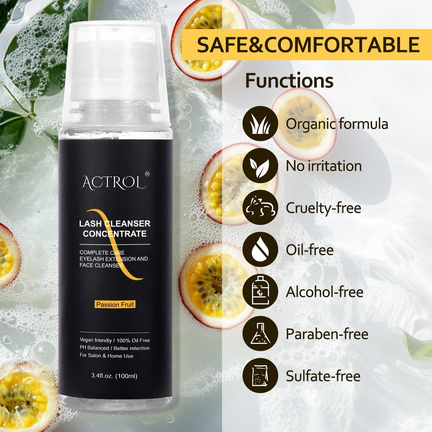 Eyelash Cleanser Concentrate 100ml Passion Fruit Professional Lash Shampoo Foaming Cleanser Lash Wash Concentrate for Extensions Lashes with Salon Home Care-Makes 40 Bottles Passion Fruit-GlimoraGlow