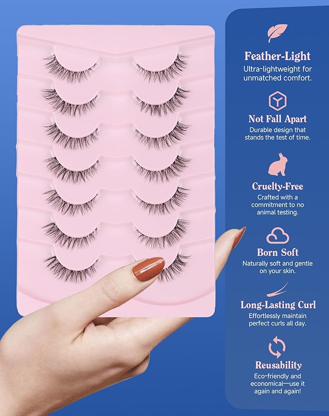Small Lashes Wispy Short Eyelashes Natural Look Flared Strip False Eyelash Soft Clear Band Lash Pack 7 Pairs SF-07-GlimoraGlow