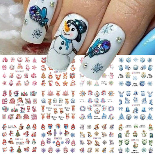 12 Sheets Christmas Nail Art Stickers Winter Snowflake Snowman Water Transfer Nail Decals Xmas Tree Santa Claus Penguin Gingerbread Man Design Acrylic Nail Foils for Women Kids DIY Holiday Nail Decor-GlimoraGlow