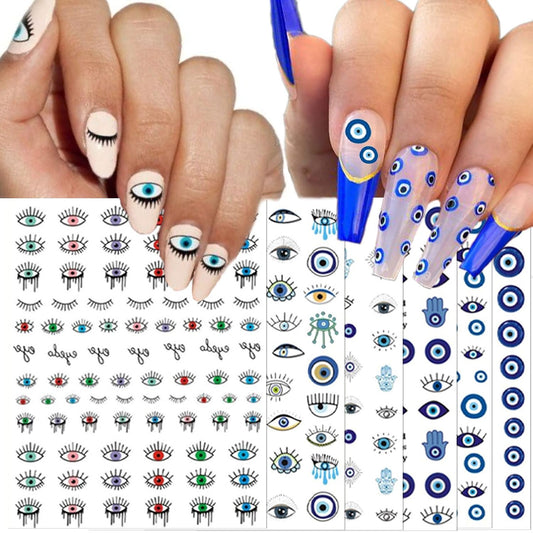 14 Sheets Evil Eye Nail Stickers, 3D Turkish Blue Eye Design Nail Art Decals, Self Adhesive Hamsa Hand of Fatima Manicure Decorations-GlimoraGlow