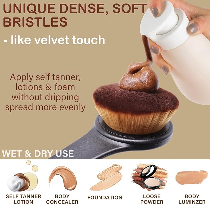 Extra Large Body Makeup Brush For Self Tanner, Sunscreen, Self Tan Back Applicator, Wide-Headed Kabuki Brush for Even& Pretty Lotion Application. Bronzer Blend, Long-Handle Face Leg Brush- Black Set-GlimoraGlow