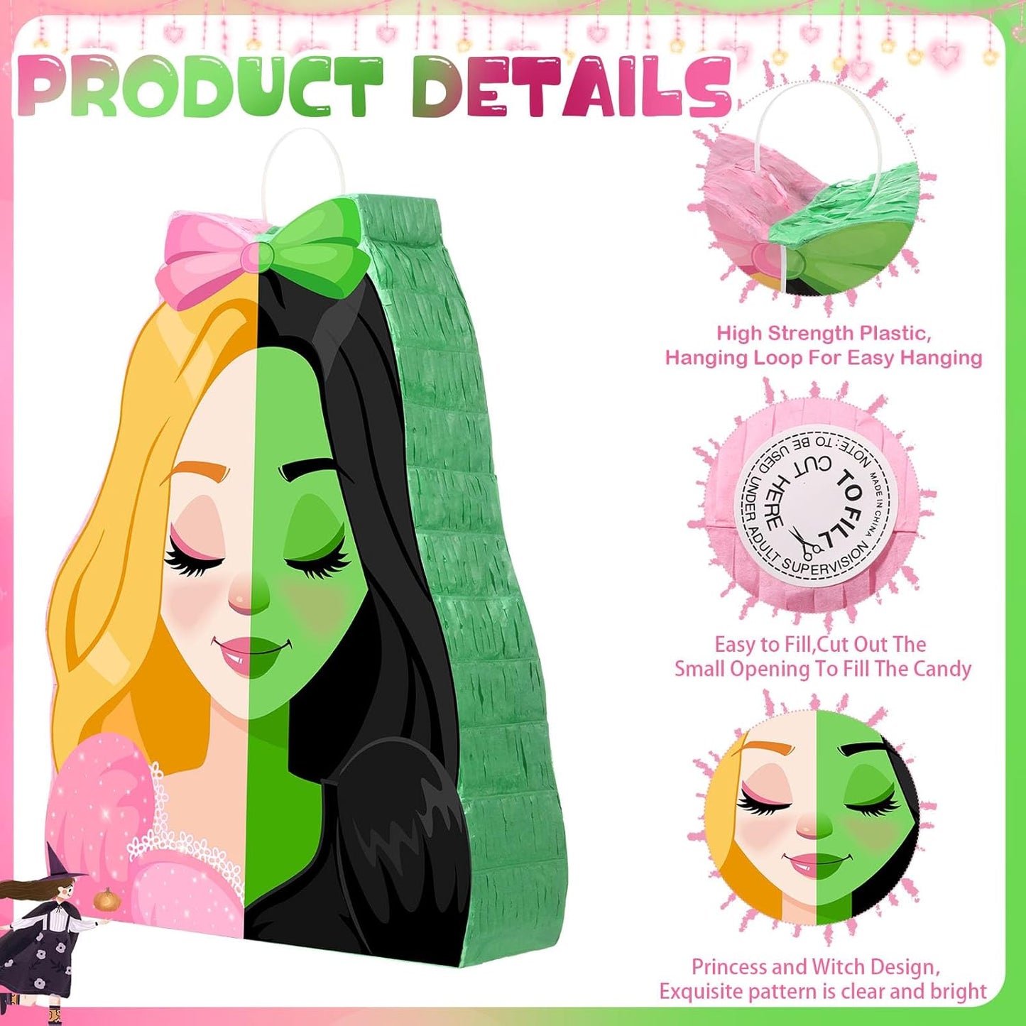 Kasyat Witch Princess Piñata Party Game Set Halloween Witch Piñata with Bat Stick Blindfold Pink Green and Black Party Decor for Halloween Birthday Baby Shower Game Supplies Decor (Movie)