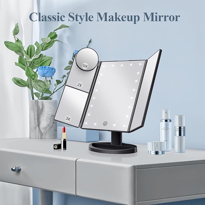 HUONUL Makeup Mirror Vanity with Lights, 2X 3X 10X Magnification, Lighted Mirror, Touch Control, Trifold Dual Power Supply, Portable LED Women Gift (Black)-GlimoraGlow
