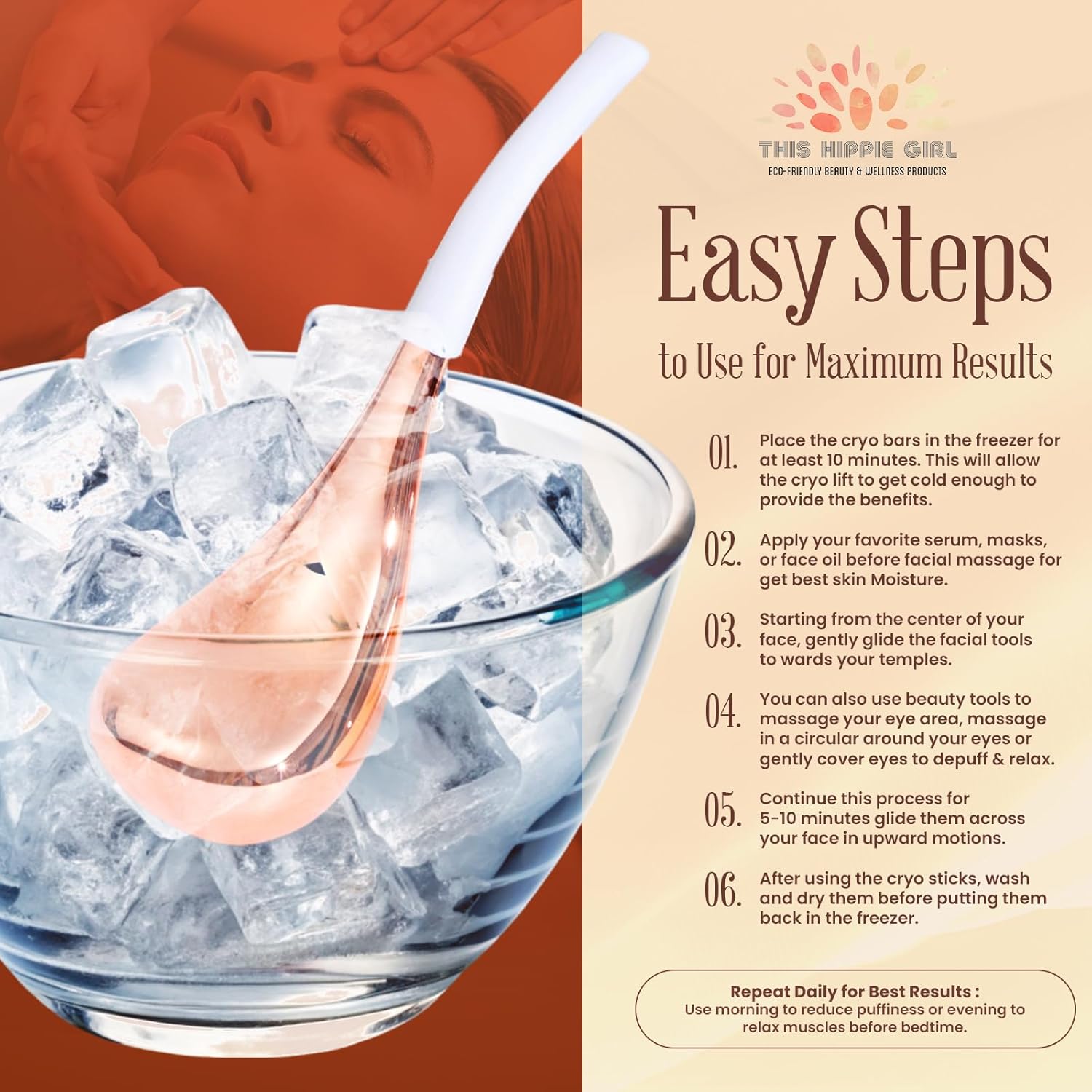 Ice Globes Facial Skin Care Tools for Women, Cryo Sticks for facials, Rose Gold Cold Therapy, Stainless Steel Cryo Wands, Soothe and DePuff Cold Bars for Face and Eyes, Facial Tools-GlimoraGlow