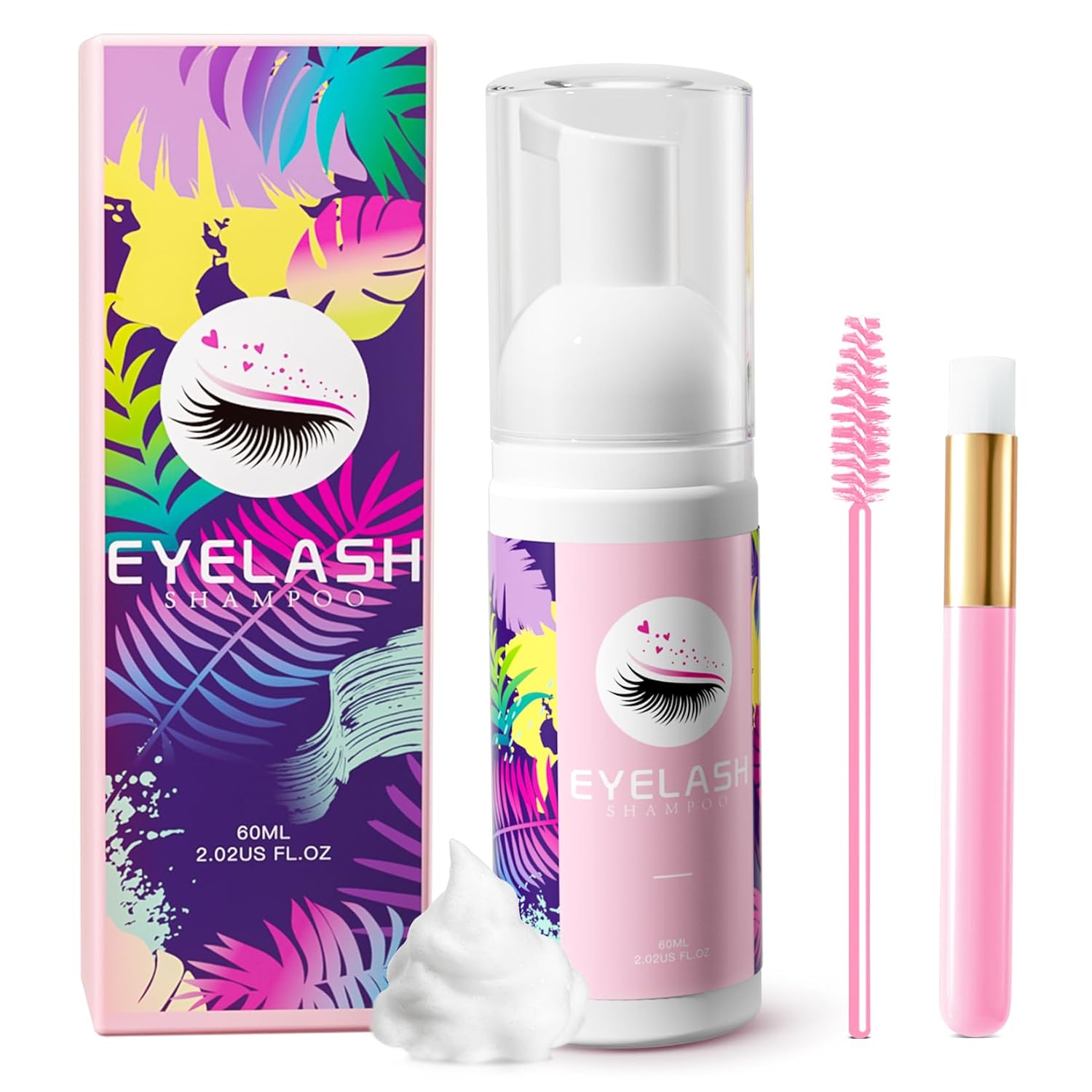Lash Shampoo for Lash Extensions 60ml Eyelash Extension Cleanser Lash Shampoo Cleaning Kit with Shampoo Brush & Mascara Brush-No Irritating Foaming Eyelash Makeup Remover for Home Salon Use-GlimoraGlow