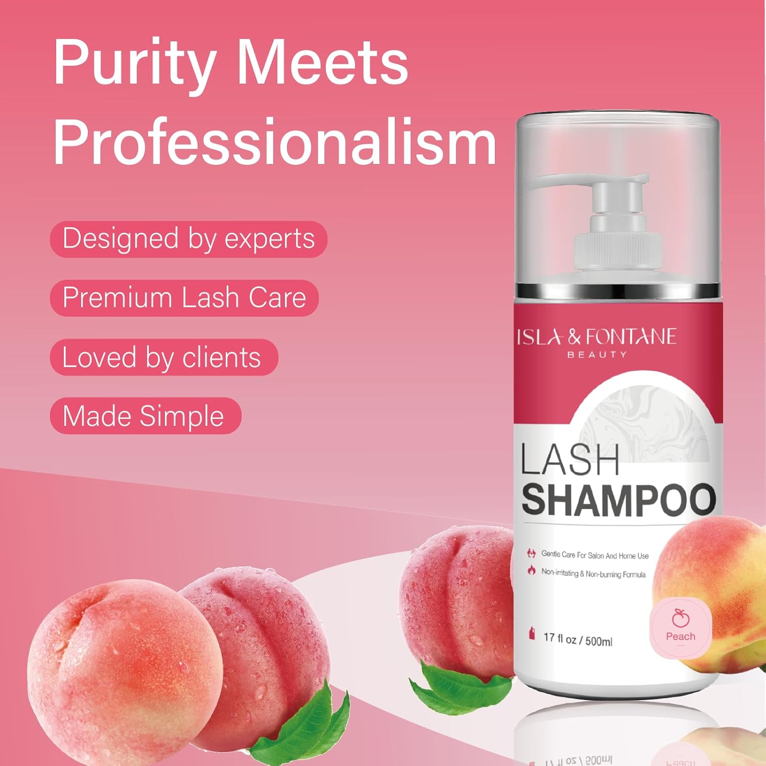 ISLA & FONTANE Lash Shampoo Bulk – Multi-Scent Series – 17 fl oz / 500ml | Gentle Eyelash Cleanser for Lash Extensions | Non-Irritating | Professional Lash Bath Foam For Salon And Home Use (Peach)-GlimoraGlow