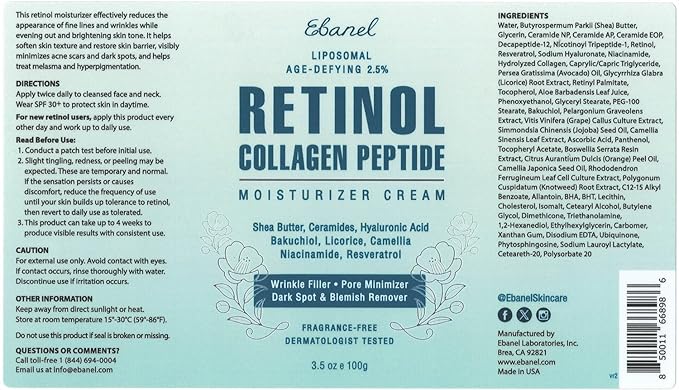 Ebanel Retinol Cream for Face 3.5 oz, Moisturizer with Collagen, Peptides, Ceramides, Hyaluronic Acid, Vitamin C & B5, Firming Anti Aging Face Cream for Wrinkles, Fine Lines, Dark Spots, Day & Night-GlimoraGlow