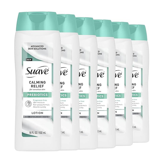 Suave Calming Relief Hand & Body Lotion for Women With Prebiotics For Sensitive Skin, Fragrance & Allergen Free, Helps Restore Skin's Moisture Barrier, 18 FL OZ, 6 Pack-GlimoraGlow