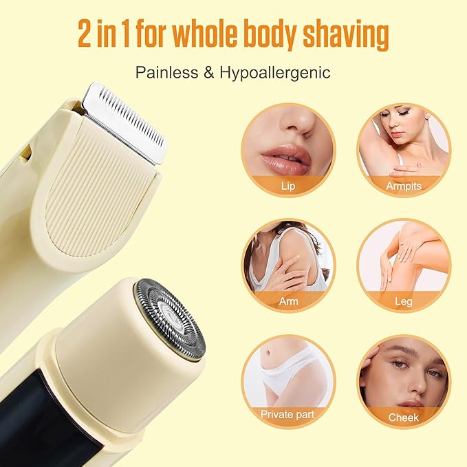 2 in 1 Bikini Trimmer for Women Dual Head Electric Shaver with LED Display,IPX7 Waterproof Wet & Dry, Painless Shaver for Underarm Leg Arm Body Face Private Area Khaki-GlimoraGlow