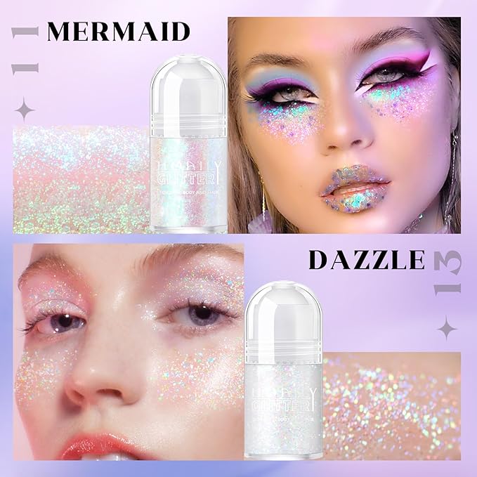 2 Colors Roll-on Body Glitter Gel, Holographic Glitter Gel Under Light for Face Hair, Body Shimmer for Rave Accessories Christmas New Year Halloween Makeup (11+13)-GlimoraGlow