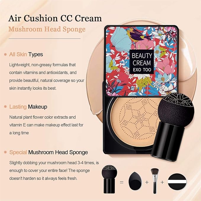 2 Pack Mushroom Head Air Cushion CC Cream Foundation,Beauty Cream EXO TOO Moisturizing BB Cream, Long Lasting Matte Concealer with 2PCS Mushroom Head Sponges (Natural)-GlimoraGlow