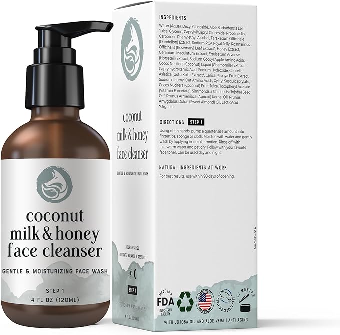 Hydrating Face Cleanser - Coconut Milk & Honey 4oz | Nourishing Daily Cleanser for All Skin Types — Gentle Non-Drying Formula, Fragrance-Free with Jojoba Oil & Aloe, Ideal for Sensitive Skin-GlimoraGlow