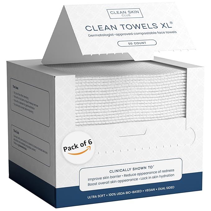 Clean Skin Club Clean Towels XL™, 100% USDA Biobased Dermatologist Approved Face Towel, Disposable Clinically Tested Face Towelette, Facial Washcloth, Makeup Remover Dry Wipes, 300 ct, 6 pack-GlimoraGlow